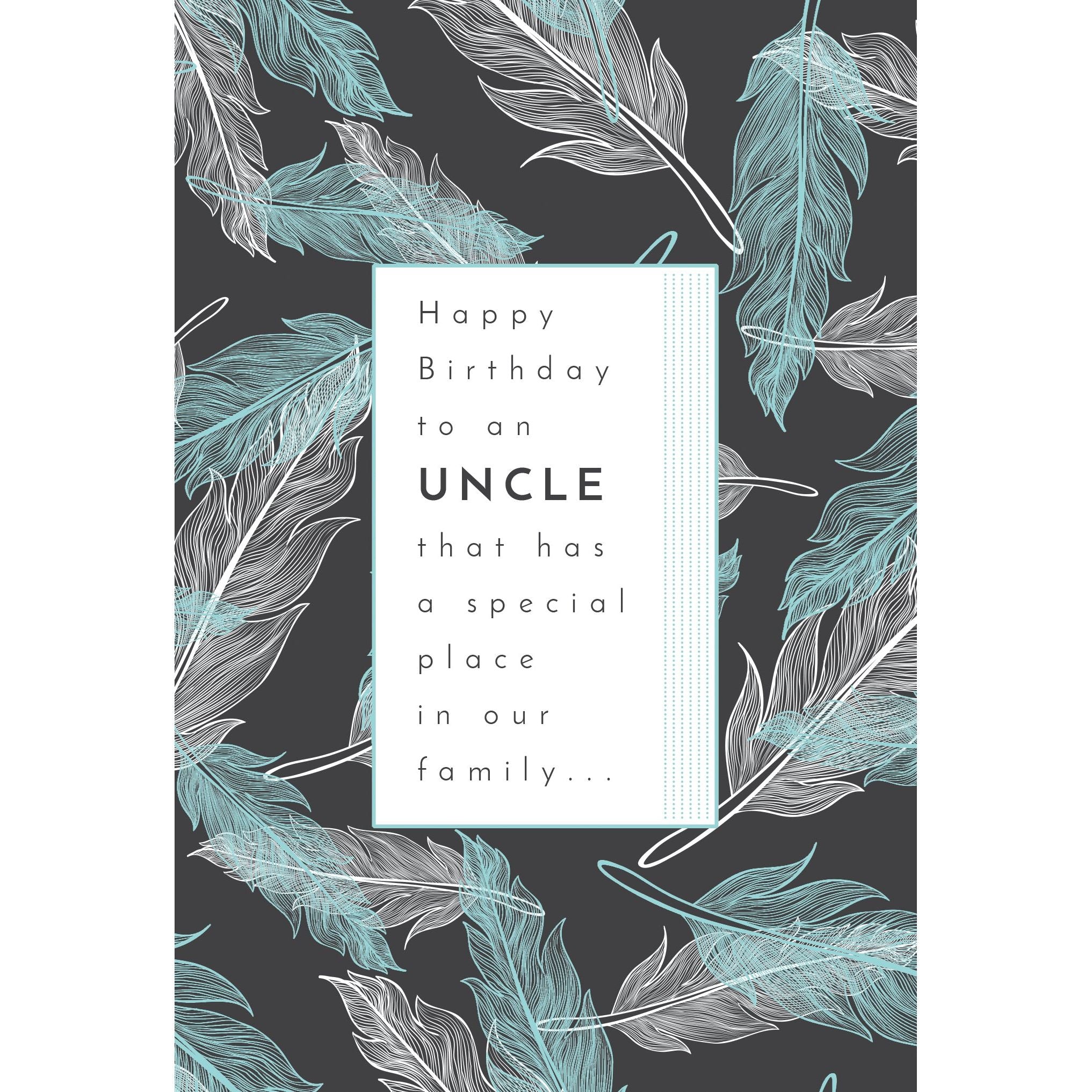 White on turquoise feathers birthday card for uncle by Pictura, featuring elegant feather design and celebratory message.